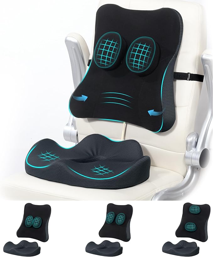 HOMBYS Memory Foam Seat Cushion & Lumbar Support Pillow for Office Chair, 2 Adjustable Sliders Attached on Back Support Pillow to Providing Accurate Support, Lower Back, Hip Pain Relief