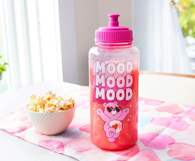 Silver Buffalo Care Bears Love-A-Lot Bear Mood Plastic Water Bottle With Spill-Resistant Sports Cap Lid | Holds 34 Ounces