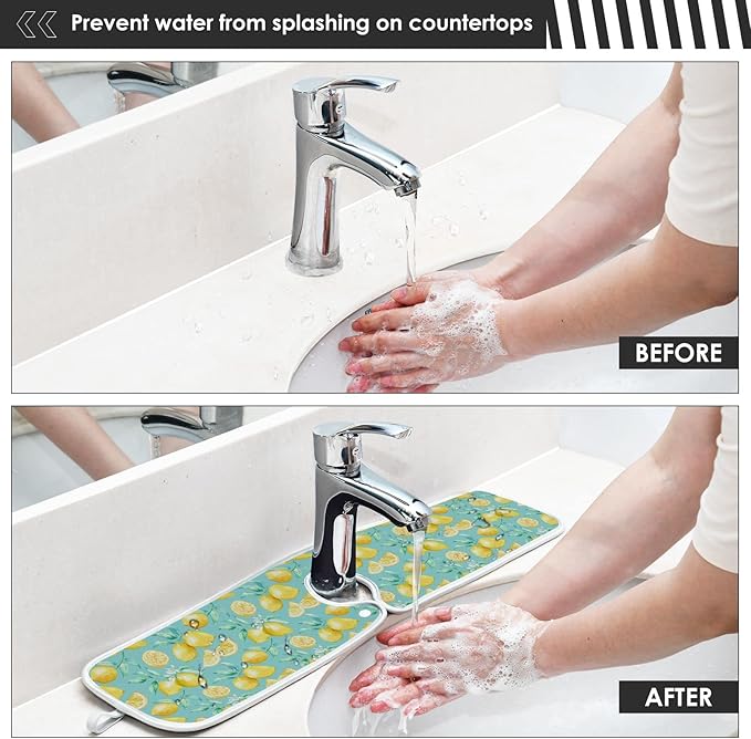 Kitchen Faucet Absorbent Mat,Lemon Fruit Summer Water Splash Guard for Sink, Faucet Drip Catcher Thicken Sponge Microfiber Faucet Water Catcher Mat Sink Absorbent Mat for Kitchen 14x5in 2 Pack