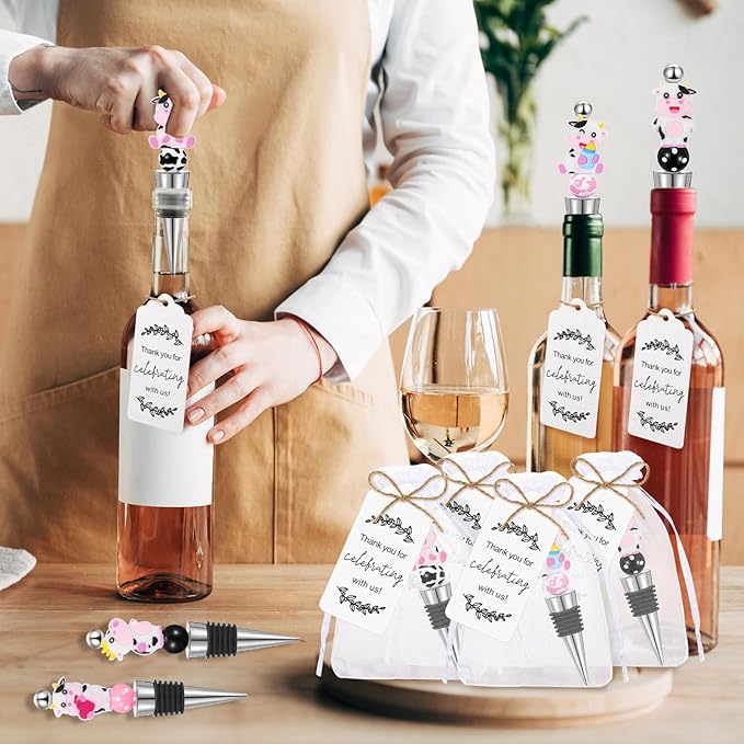 Gisafai 24 Set Cow Beadable Wine Stoppers Baby Shower Wedding Favors for Guests Decorative Beaded Wine Bottle Stopper with Cow Beads Organza Bag Tag for Wedding Cow Party Favor Souvenirs Gifts