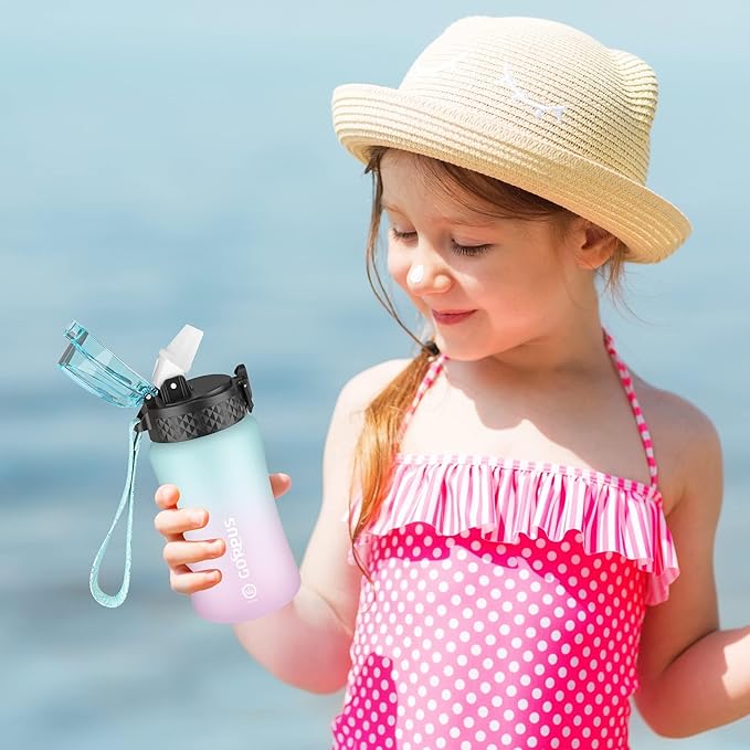 GOPPUS Kids Water Bottle with Straw Spout Lid 10pcs Stickers 12 oz Leak-proof BPA Free Motivational Time Marker Tritan Plastic Water Bottles for Girls Boys School Sports