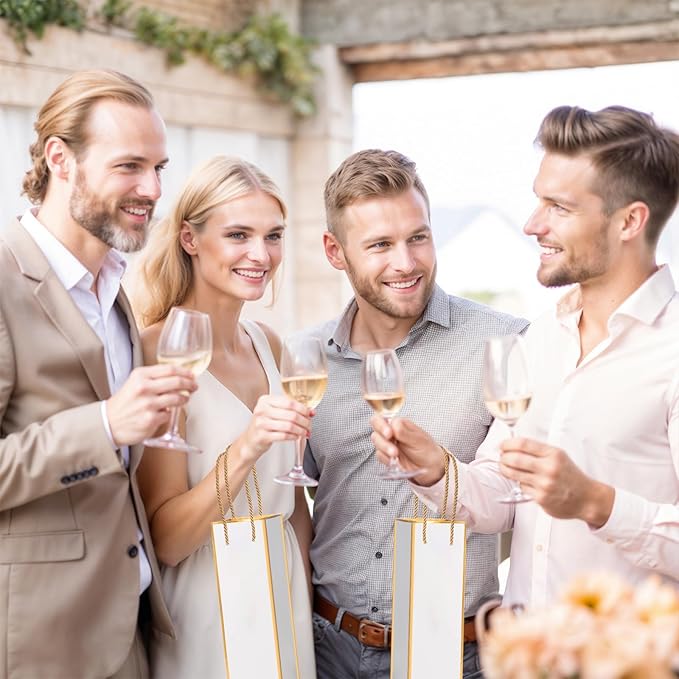 ISKYBOB 10 Packs Wine Gift Bag with Handle, Single Bottle Bags for Wine Kraft Paper Wine Bottle Gifts Box Reusable Gold Foil Gift Wine Bag for Housewarming, Business Dinner, Birthday Party (White)