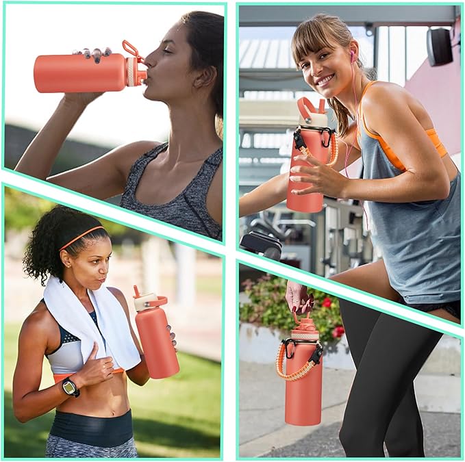 32 oz Sports Water Bottle Insulated - w/Paracord Handle, Straw & Spout Lids, Protective Boot, Sweat Proof Hydro Metal Water Flask Keeps Cold-48H Hot-24H, Travel Thermo Mug for Sports Hiking