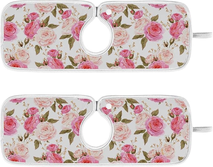 Kitchen Faucet Absorbent Mat,Pink Rose Flower Floral Water Splash Guard for Sink, Faucet Drip Catcher Thicken Sponge Microfiber Faucet Water Catcher Mat Sink Absorbent Mat for Kitchen 14x5in 2 Pack