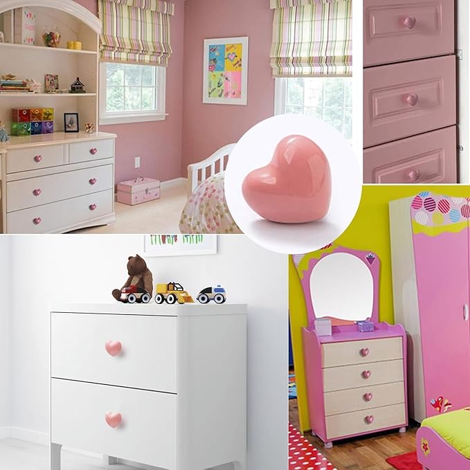 Cute Glossy Dresser Knobs Pink Ceramic Drawer Door Knobs Love Heart Shape Cabinet Cupboard Pull Handles Lovely Hardware Closet Knobs for Kids Girls Children's Bedroom (Bright Pink-6pack)