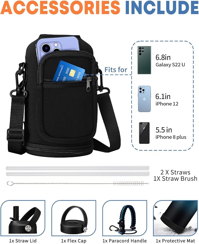 64oz Stainless Steel Water Bottles with Straw - Flex Lids, Shoulder Carrier Bag, Protective Cup Mat, 1/2 Gallon Metal Water Jug BPA Free, Vacuum Thermo Water Bottle for Women Men, Gym Outdoor Working