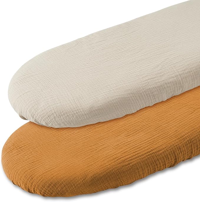 Muslin Bassinet Sheets 2 Pack for Baby Boy and Girl, Breathable Elastic Cozy Fitted Cotton Bassinet Mattress Sheet, Universal Fit for Hourglass Oval and Rectangle Bassinet Mattress (Elegant Colors)