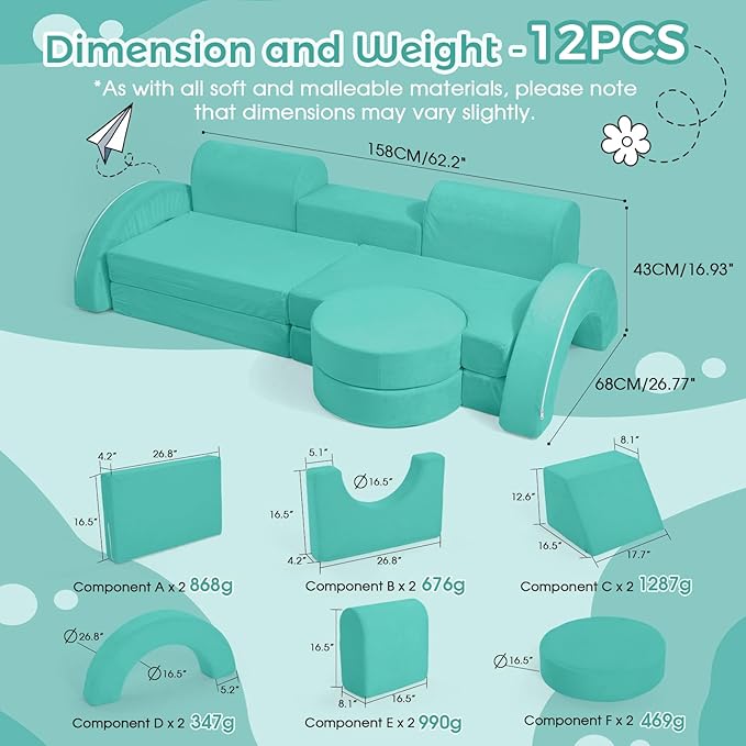 Modular Kids Sofa Play Couch, 12-Piece Kids Couch Sectional Sofa for Playroom Fort Buliding, 3S Instant Rebound and Fully Expand, Versatile Kids Play Couch for Toddler to Teen