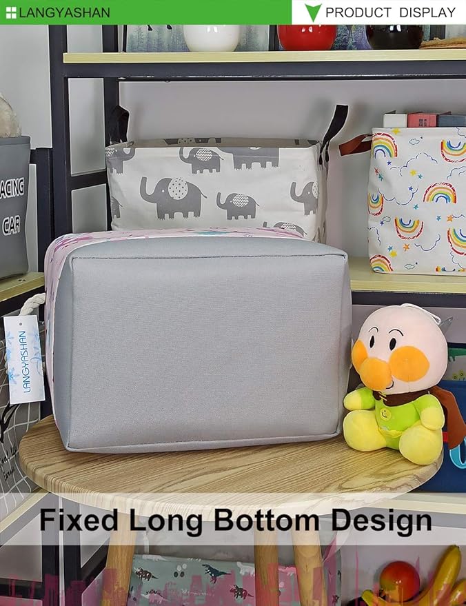 LANGYASHAN Rectangular Storage Bin Collapse Canvas Fabric Cartoon Storage Basket with Handles for Organizing Home Kitchen Boys and Girls Toys Office Closet Shelf Baskets(Rec Pink Dancing Unicorn)