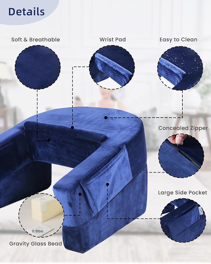 Weighted Idea Reading Pillow for Gaming, Extra Large Arm Rest Pillow for Adult,Lap Desk Pillow Gaming Pillow with 2 Side Pockets for Gaming, Reading, Working Sitting in Bed Floor Sofa (Blue)