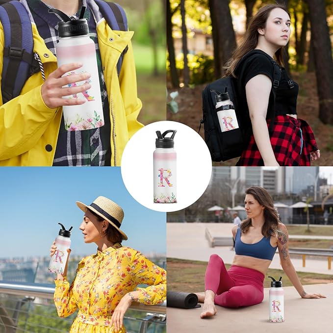 Personalized 32oz Water Bottle with Straw Customized Initial Letter Sport Bottles Monogrammed Initial Insulated Bottle Coffee Mug for Travel (R)