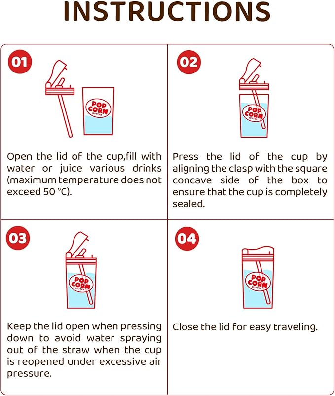 Cute Popcorn Water Bottle with Straw, Portable Water Bottle with Leak-Proof, Pop-Up Spout Cover for School, Sports, Hiking, Camp & More(8.45 oz)