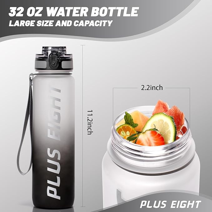 Sports Water Bottle, 32 oz Motivational Water Bottles with Time Marker to Drink, Leak-Proof Tritan BPA-Free with Carrying Strap for Women Men Gym Fitness Outdoor (Gray Black)