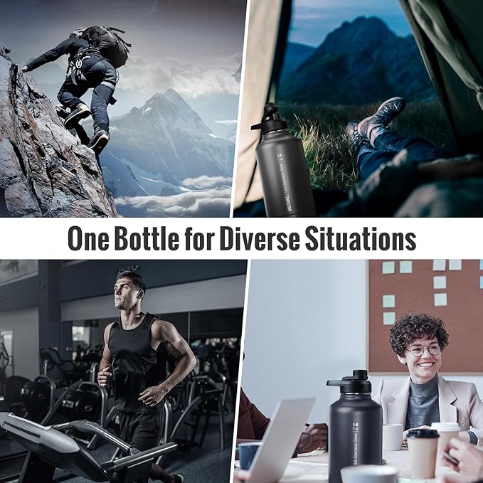 OneTigris Tactical Half Gallon Water Bottle with Straw - 64 oz Vacuum Insulated Stainless Steel Water Jug, Leakproof Sport Bottle with 3 BPA Free Lids, Paracord Handle & MOLLE Water Pouch for Outdoor