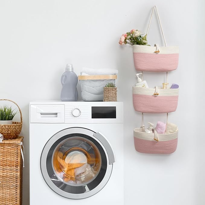 TeoKJ Over The Door Hanging Baskets with Button Strap, 3-Tier Woven Cotton Storage Organizer Bag, Wall-Mounted with Hook Decorative Hanging Nursery Baskets - Pink+White