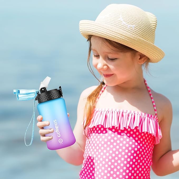 GOPPUS Kids Water Bottle with Straw Spout Lid 10pcs Stickers 12 oz Leak-proof BPA Free Motivational Time Marker Tritan Plastic Water Bottles for Girls Boys School Sports