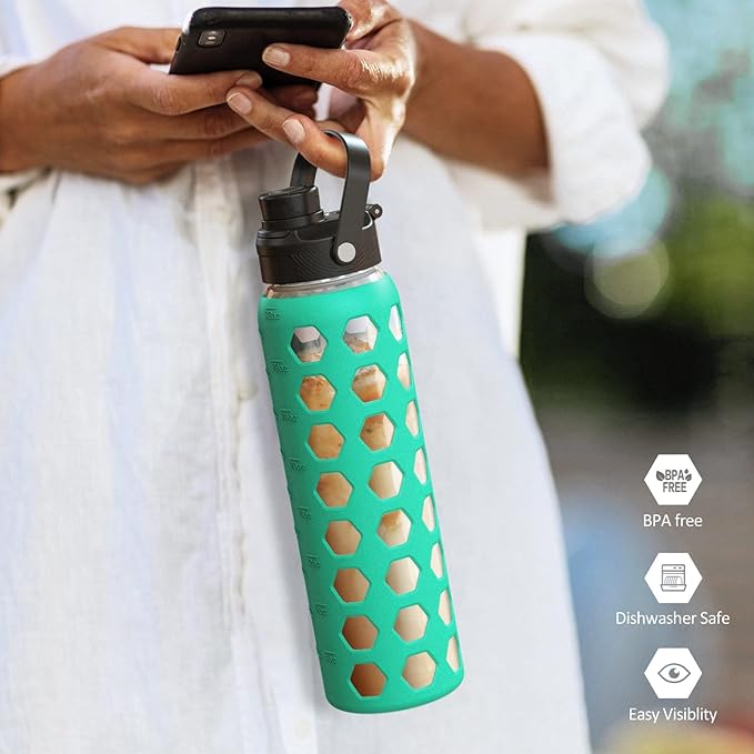 MUKOKO 24oz Glass Water Bottle with 2 Lids-Handle Flip Lid&Bamboo Straw Lid,Motivational Water Tumbler with Time Marker Reminder and Silicone Sleeve, Leakproof-Green