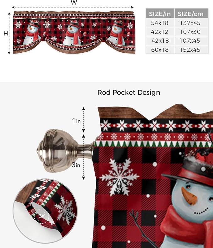 Christmas Blackout Tie Up Valance Curtains for Kitchen Windows Funny Snowman Snowflake Window Toppers Balloon Shades for Living Room/Bathroom/Bedroom,1 Panel,60" X 18" Red Farmhouse