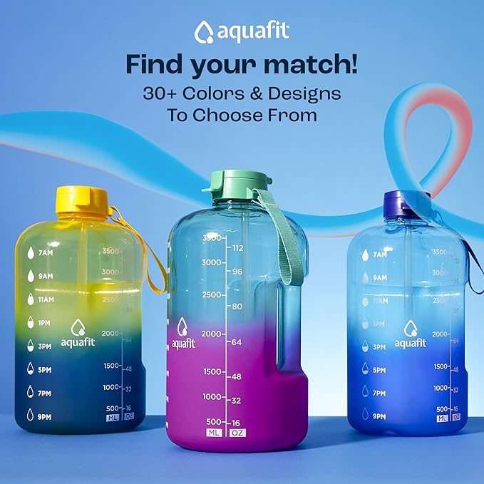 AQUAFIT 64 oz Water Bottle with Time Marker - BPA Free Half Gallon Water Bottle with Straw - Gym Water Bottle with Handle, Gallon Water Jug, Big Water Bottle, Large Water Bottle (Nude, 2 Lids)