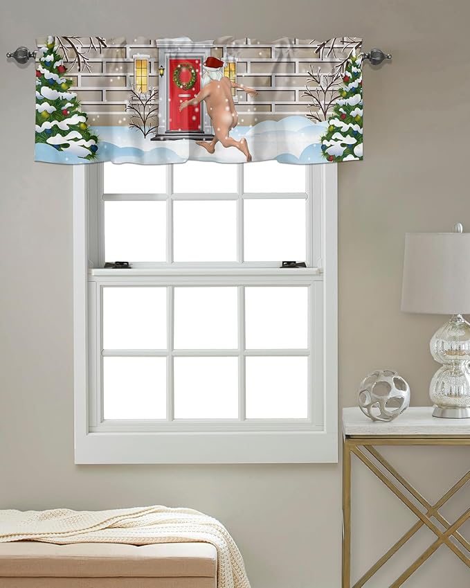 Christmas Farmhouse Kitchen Curtains Valances for Windows Funny Santa Claus Rod Pocket Window Treatment for Kitchen/Living Room/Bedroom/Bathroom,42" X 18" -1 Panel, Holly Xmas Tree