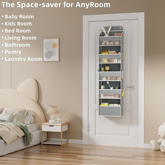 Over The Door Organizer, 5 Shelf Door Hanging Organizer with 6 Side Pockets, Anti Tilt 50lbs Weight Capacity Behind Door Storage for Bedroom, Bathroom, Pantry, Nursery, 1 Pack. (Grey)