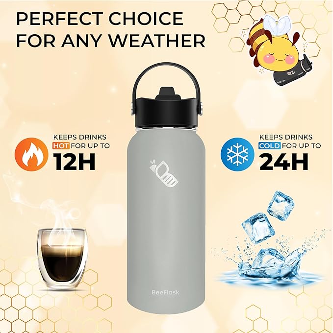 Sports Water Bottle - 32 Oz, 3 Lids (With straw), 50 Cute Stickers, Vacuum Insulated, 308 Stainless Steel, with a Portion of Sales Supporting Bee Conservation Efforts (Cool Gray)