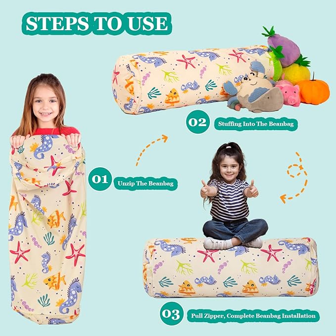 Stuffed Animal Bean Bag Storage Chair for Kids Cover Only (No Filler), Organize, Sit, Play & Boxing, 100% Cotton Canvas Washable, Ultra Soft Cylinder Long Vertical Zipper Best Gift for Child