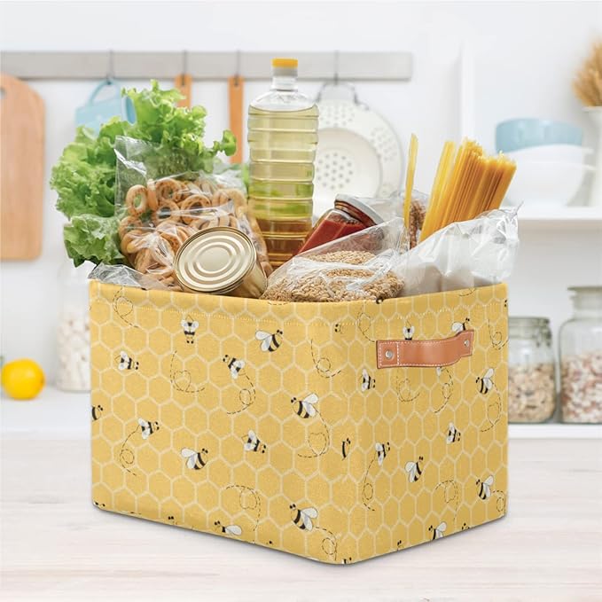 Honeycomb Bee Storage Basket Collapsible Storage Bin Large Fabric Storage Boxes Organizer with Leather Handles for Clothes Toys Books Kitchen Laundry 1Pc