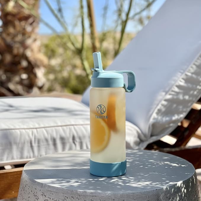 Takeya 22 oz Glass Water Bottle, Shatter Resistant, Premium Quality, Sure-Grip with Straw Lid, Sage