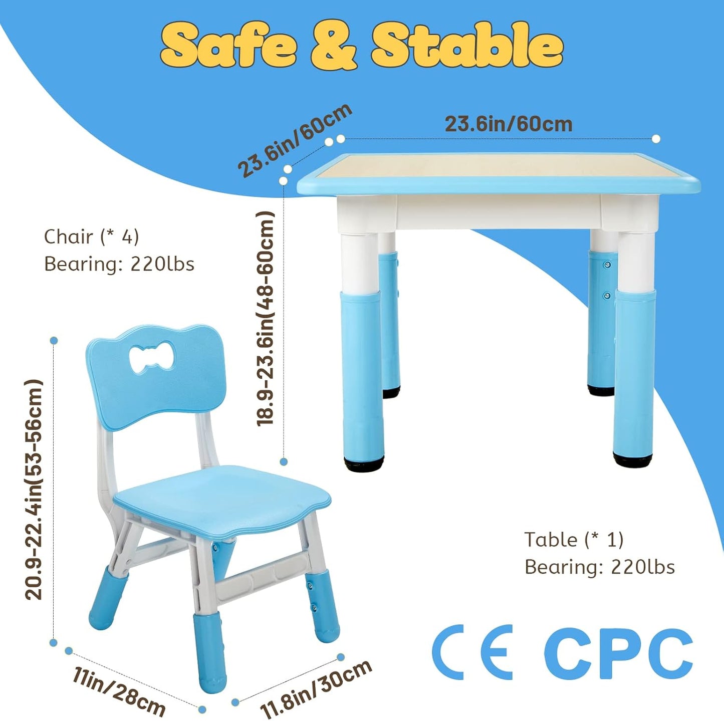 FUNLIO Kids Table and 4 Chairs Set, Height Adjustable Toddler Table and Chair Set for Ages 3-8, Easy to Wipe Arts & Crafts Table, for Classrooms/Daycares/Homes, CPC & CE Approved (5-Piece Set) - Blue