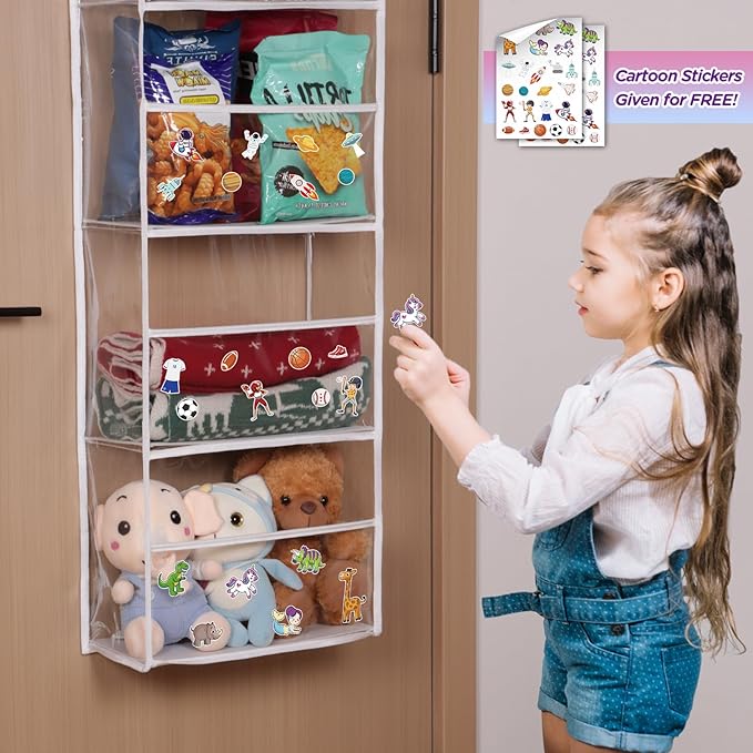 Univivi Over The Door Organizer Hanging Storage, Closet Door Organizer Baby Storage with 6 Clear Plastic Pockets & 2 Big Metal Hooks & Sticker for Cosmetics, Bathroom, Nursery and Sundries