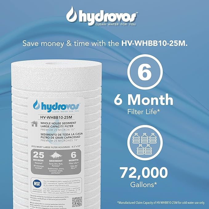 4.5 x 10 Inch Large Capacity Whole House Water Filter, NSF 42 Certified 25 Micron Sediment Filtration, Pack of 4