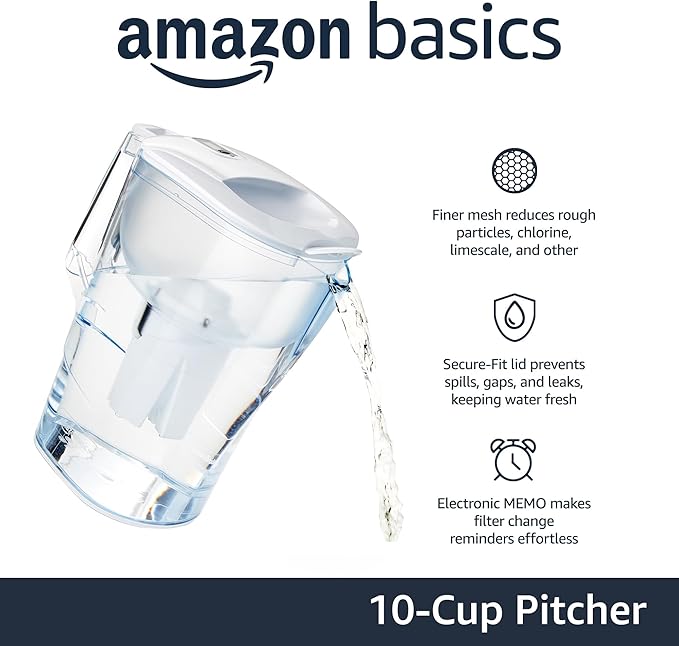 Amazon Basics Water Filter Pitcher for Fridge - 10-Cup Water Pitcher with Filter Compatible with Brita Water Pitchers & Dispensers for Clean, Crisp Water, WQA and NSF Certified, Made in Europe