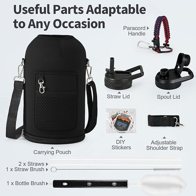 One Gallon Water Bottle Insulated, Triple Wall Vacuum Cold for 48 Hrs & Leak-proof & Non-BPA, 128oz Large Sports Stainless Steel Water Jug with Paracord Handle Straw Spout Lids & DIY Stickers