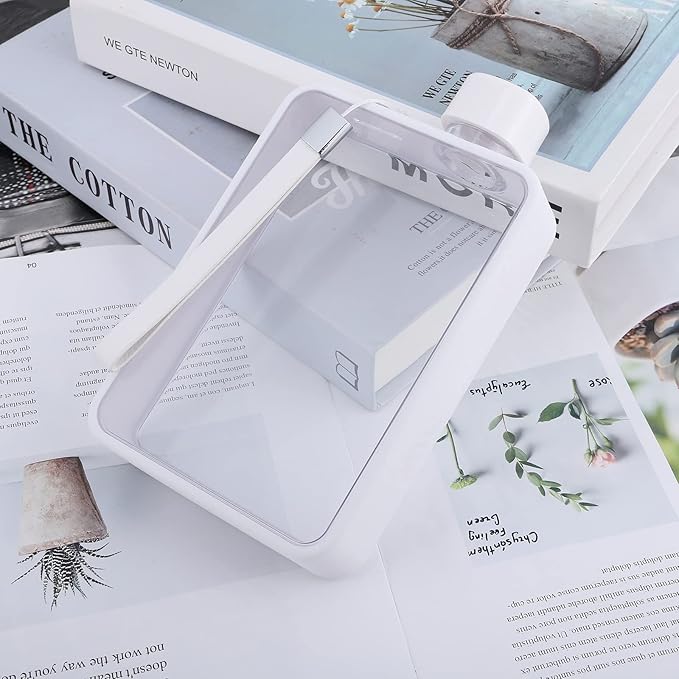 Flat Water Bottle, Portable A5 Water Bottle, 13oz Flat Travel Flask for Camping Fitness Gym (White)