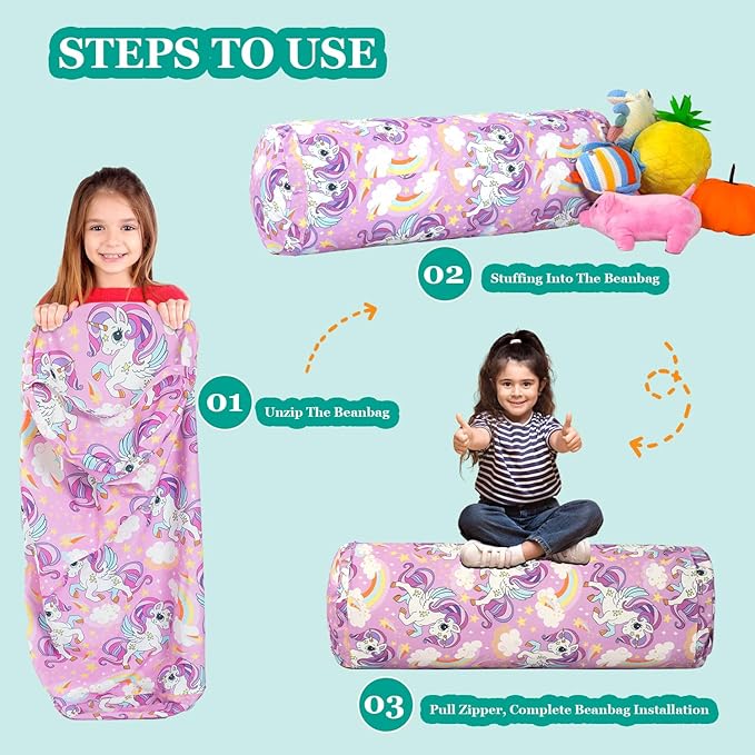 Stuffed Animal Bean Bag Storage Chair for Kids Cover Only (No Filler), Organize, Sit, Play & Boxing, 100% Cotton Canvas Washable, Ultra Soft Cylinder Long Vertical Zipper Best Gift for Child