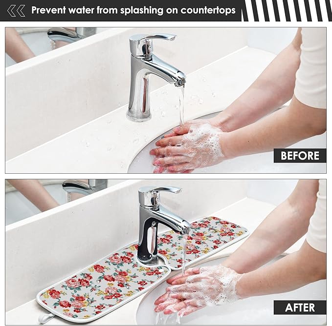 Kitchen Faucet Absorbent Mat,Rose Floral Flower Water Splash Guard for Sink, Faucet Drip Catcher Thicken Sponge Microfiber Faucet Water Catcher Mat Sink Absorbent Mat for Kitchen 30x5in 2Pack