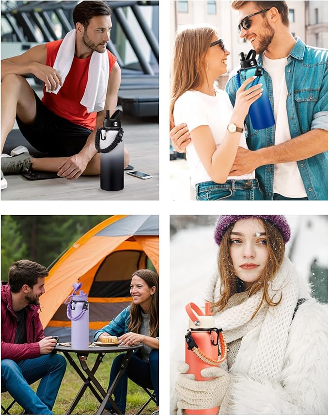 Stainless Steel Water Bottle 40oz with Straw & Auto Spout Lids, Paracord Handle, Protective Boot, Insulated Water Bottle Carrier Bag, Keep Cold-48H & Hot-24H Metal Flask Canteen Bottle