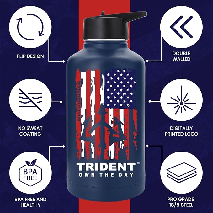 American Flag 64 oz Water Bottle, Reusable Water Bottle with Straw, Leak Proof Water Bottles, 64oz Insulated Water Bottle, Thermos Water Bottle - Retired Navy Vet Small Business (Dark Blue, 64 Oz)