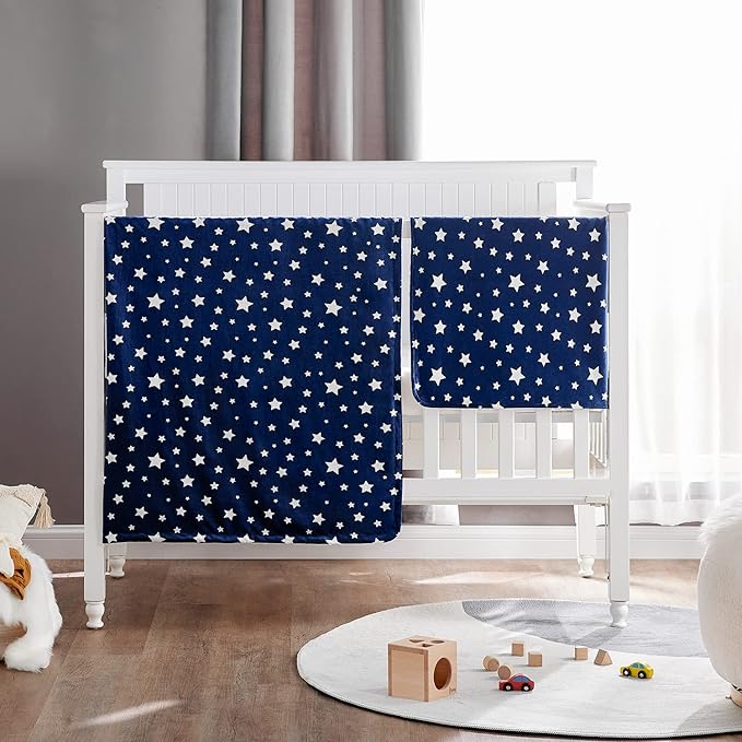 DaysU Silky Micro Soft Plush Baby Blankets Unisex with Print Star Pattern and Soothing Raised Dots, Double Layer Bed Throws for Toddler Cot, Star, Navy, 50x60 Inches