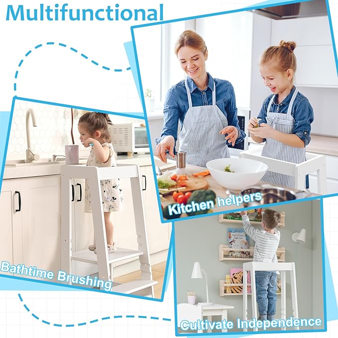 Kids Kitchen Step Stool, Step Stool for Toddlers, Adjustable Height Toddler Standing Tower, Anti-Slip Protection with guardrail, The Anti-Tipping Structure is More Stable (White)