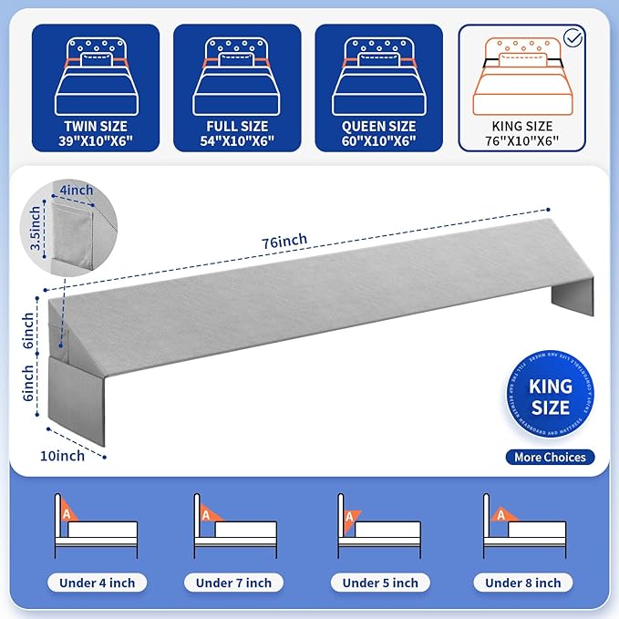 Bed Wedge Pillow for Headboard Gap, King Size (76"x10"x6") Bed Gap Filler Mattress Wedge, Fits Bed Gap(0-8") Between Mattress and Headboard