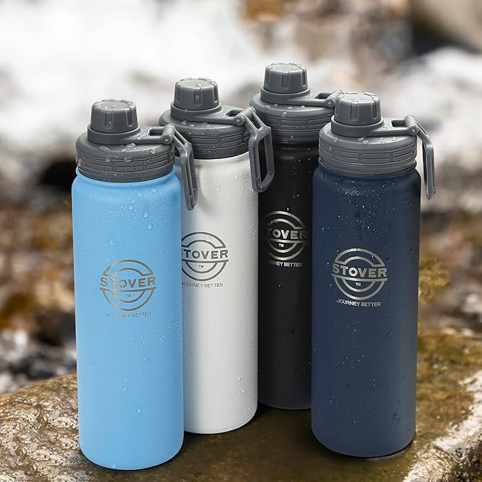 STOVER 25oz Insulated Water Bottle, Wide Mouth Double-Walled Stainless Steel- Vacuum Sealed, Leakproof, Durable, Slim Design Fits in Cup Holder- Flip Top Lid/Spout for Travel- Women/Men (Black)