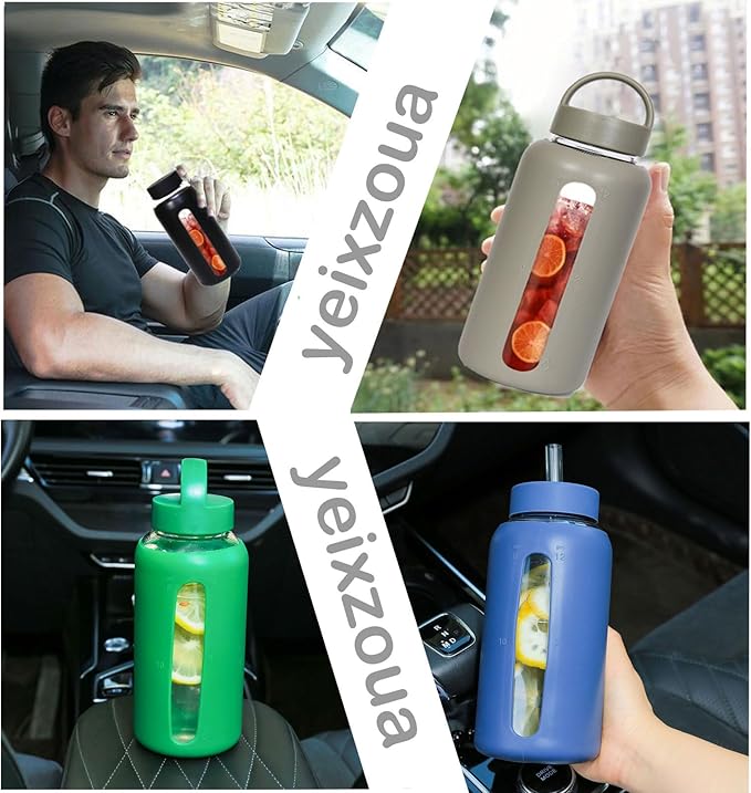 25oz Glass Water Bottles,glass tumbler with straw and 2 lid,Glass Cup with Lid and Straw(BPA Free),Water Bottle with Handle for Outdoor Sports and Home Use.