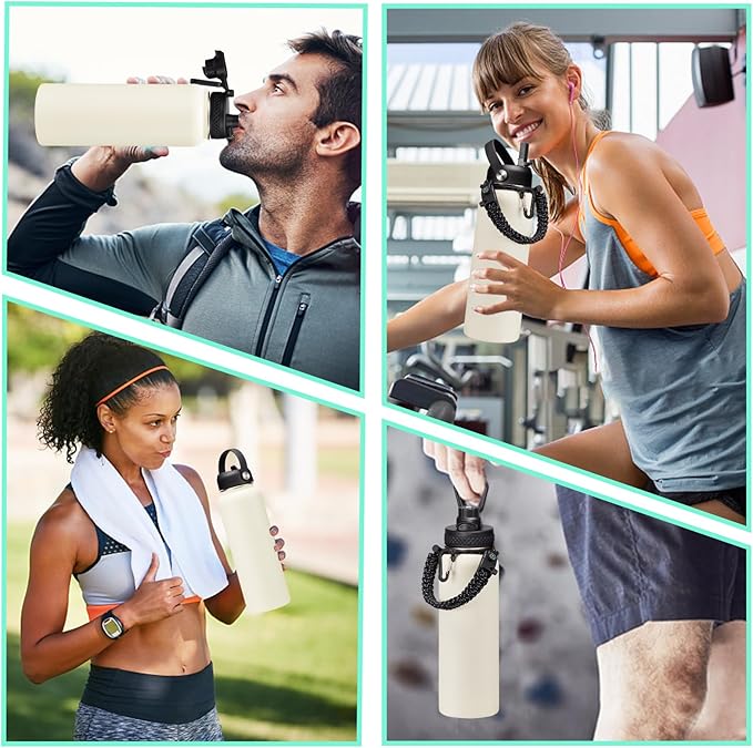 40oz Insulated Water Bottle - w/Straw Spout Lid, Bottle Holder with Strap, Paracord Handle, Protective Bottom Boot, Stainless Steel Metal Thermo Jug Flask Cold 48h & Hot 24h, Cream White
