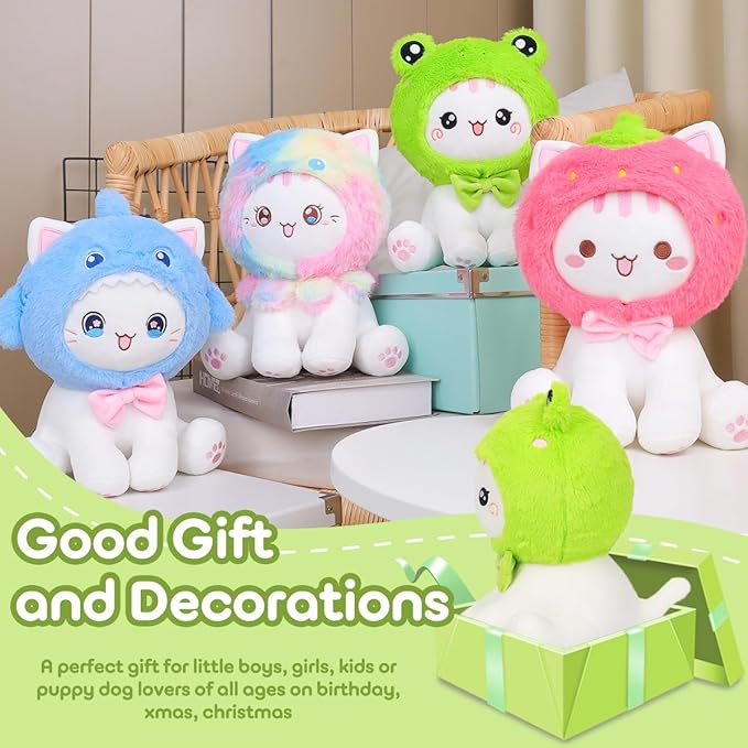 Cute Frog Cat Plush Toy 10" Kawaii Kitten Stuffed Animal, Cat Froggy Plushie Pillow Gift for Kids