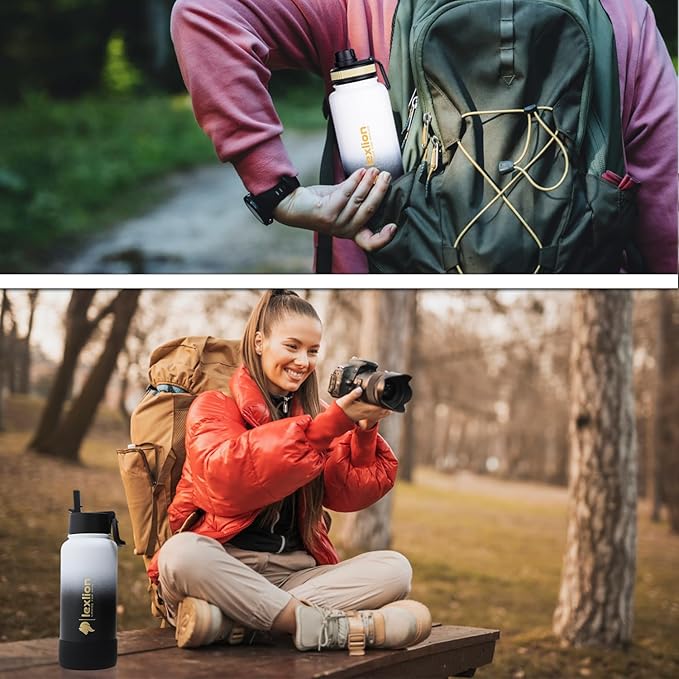 Water Bottle 32oz, Triple Walled Insulated Stainless Steel Reusable Bottle, Silicone Sleeve, Cleaning Brush, 2 Lids (Spout lid & Straw lid w/2 straw), Metal Mug Gallon, BPA Free, Day&Night