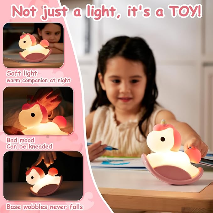 Unicorn Night Lights for Kids Bedroom, LED Squishy Unicorn Lamp with Wobbling Amusement, Silicone Dimmable Nursery Nightlight, Rechargeable Bedside Touch Lamp with 30min Timer, Pink