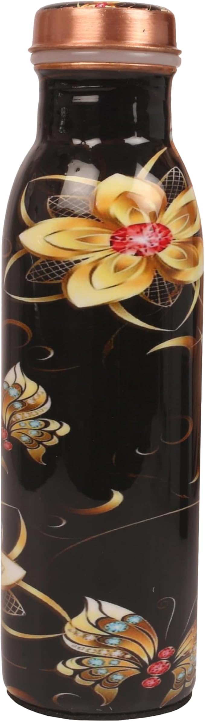 Pure Copper Water Bottle - Handcrafted - Ayurveda health benefits - Small 15 oz - Leak proof - Easy to carry for Sports, Fitness, Yoga, School - Textured Black Base Floral Colorful Enamel.
