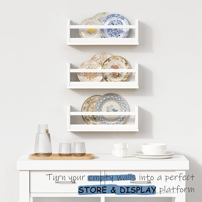 White Nursery Floating Bookshelves for Kids Room Wall Decor, Montessori Bookshelf and Corner Book Shelves for Bedroom, Spice Rack Shelf Organizer for Cabinet Small Spaces (Set of 3)